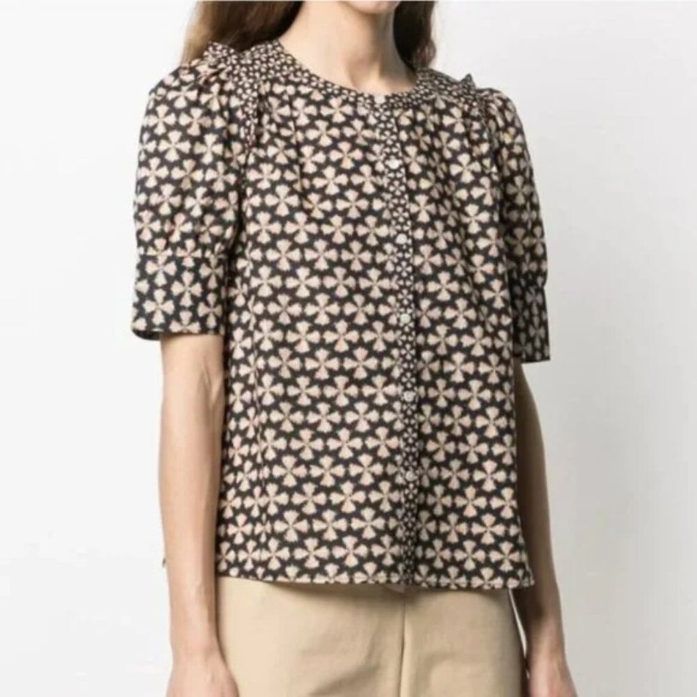 ba&sh Women's Colette Top Medium Black Printed Boxy Short Sleeve Button Up Shirt